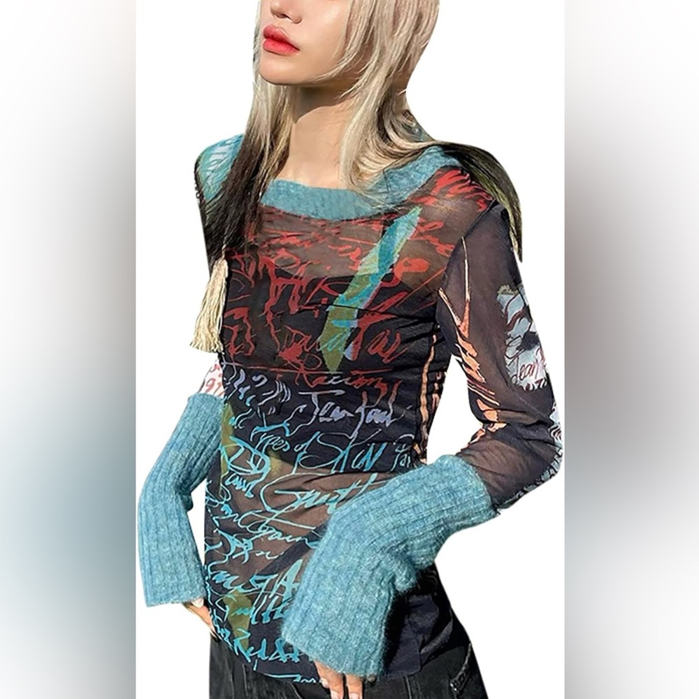 Abstract Sheer Long Sleeve Top - L